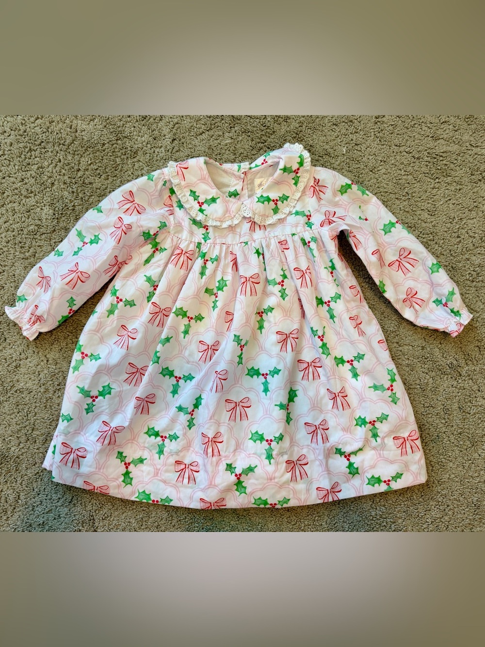 Girls' Pink Holiday Holly & Bow Dress